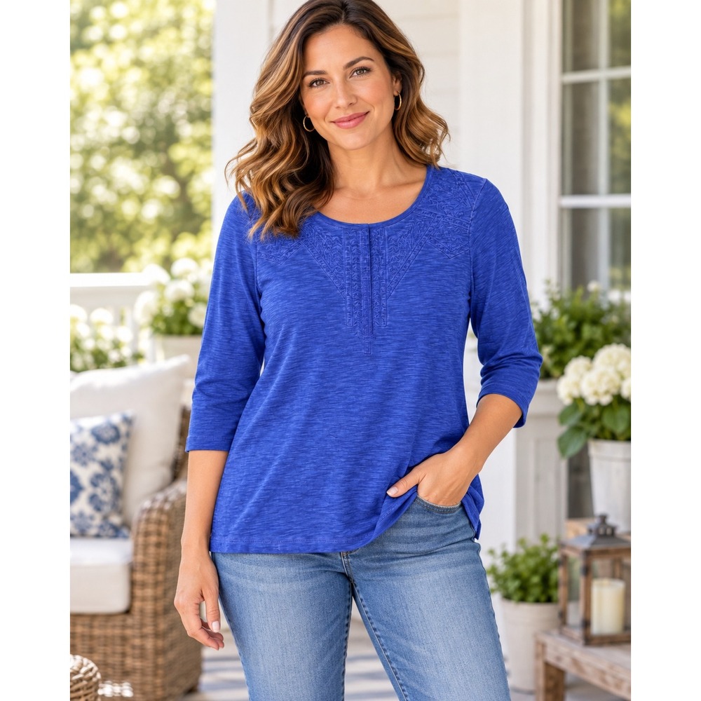 Chico's Blue Embroidered Slub Knit 3/4 Sleeve Top Size 2 L Cotton Modal Scoop
